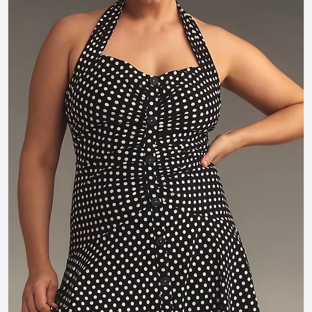 Anthropologie Maeve Halter Polka Dot Ruched Midi Dress High Low Fit & Flare 18W - Picture 3 of 11